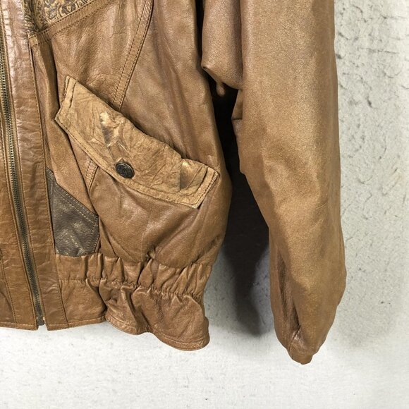 Vintage Winlit Leather Jacket Womens Medium Brown Patchwork Bomber Coat 80s - Picture 9 of 16